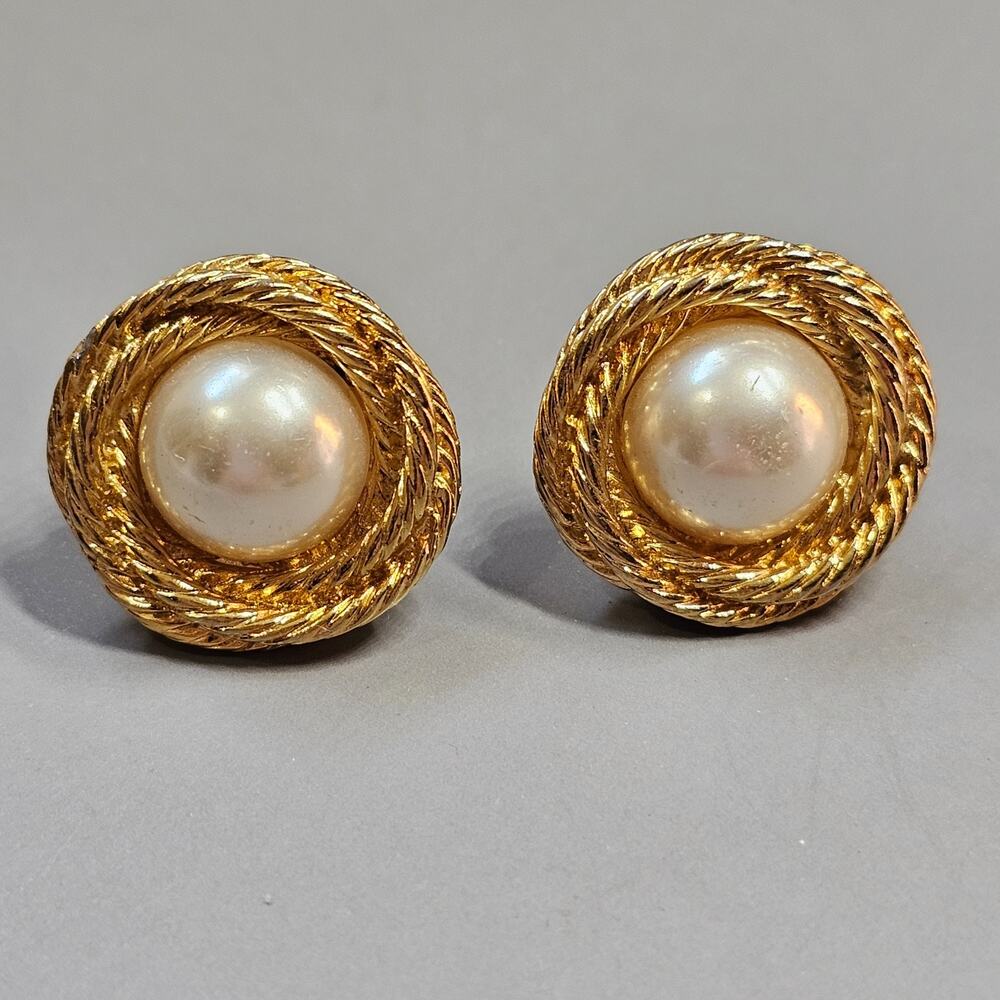 Napier Faux Pearl Earrings Swirl Braided Goldtone Clip-on Vintage
